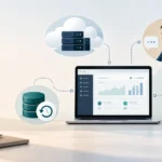 Application surrounded by hosting, support, backup and integration symbols