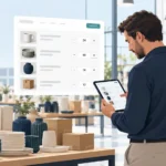Wholesale buyer reviewing product quantities in a concept store