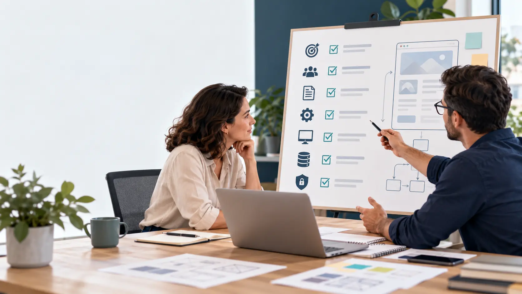 Business owner and developer reviewing a requirements checklist