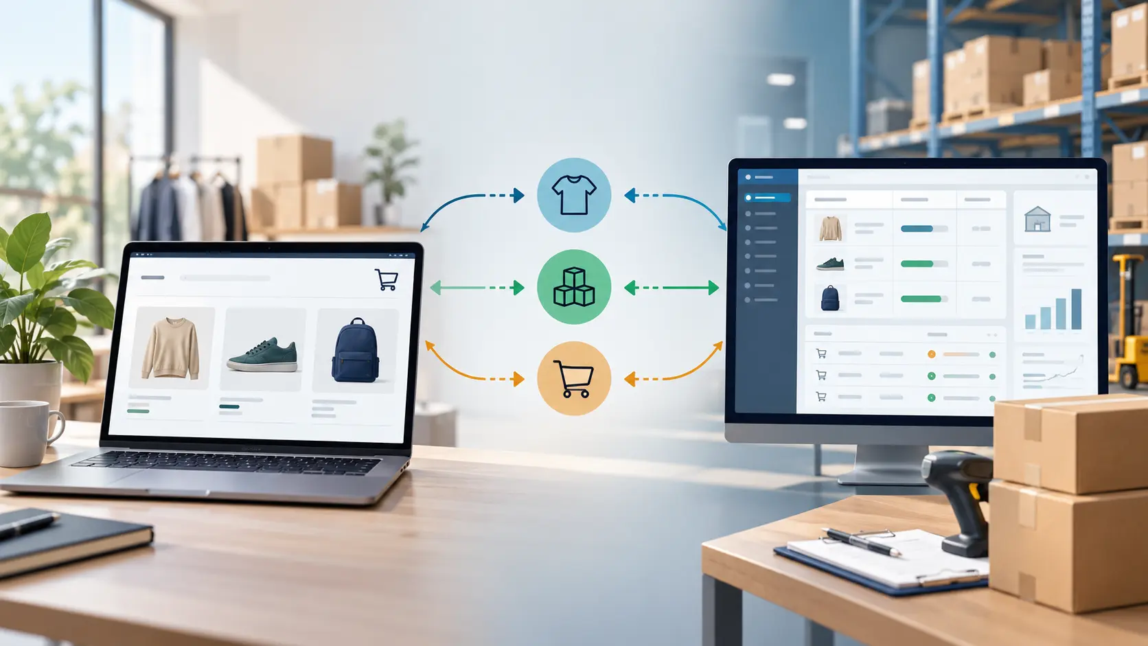 Store and ERP linked by distinct product, stock and order flows